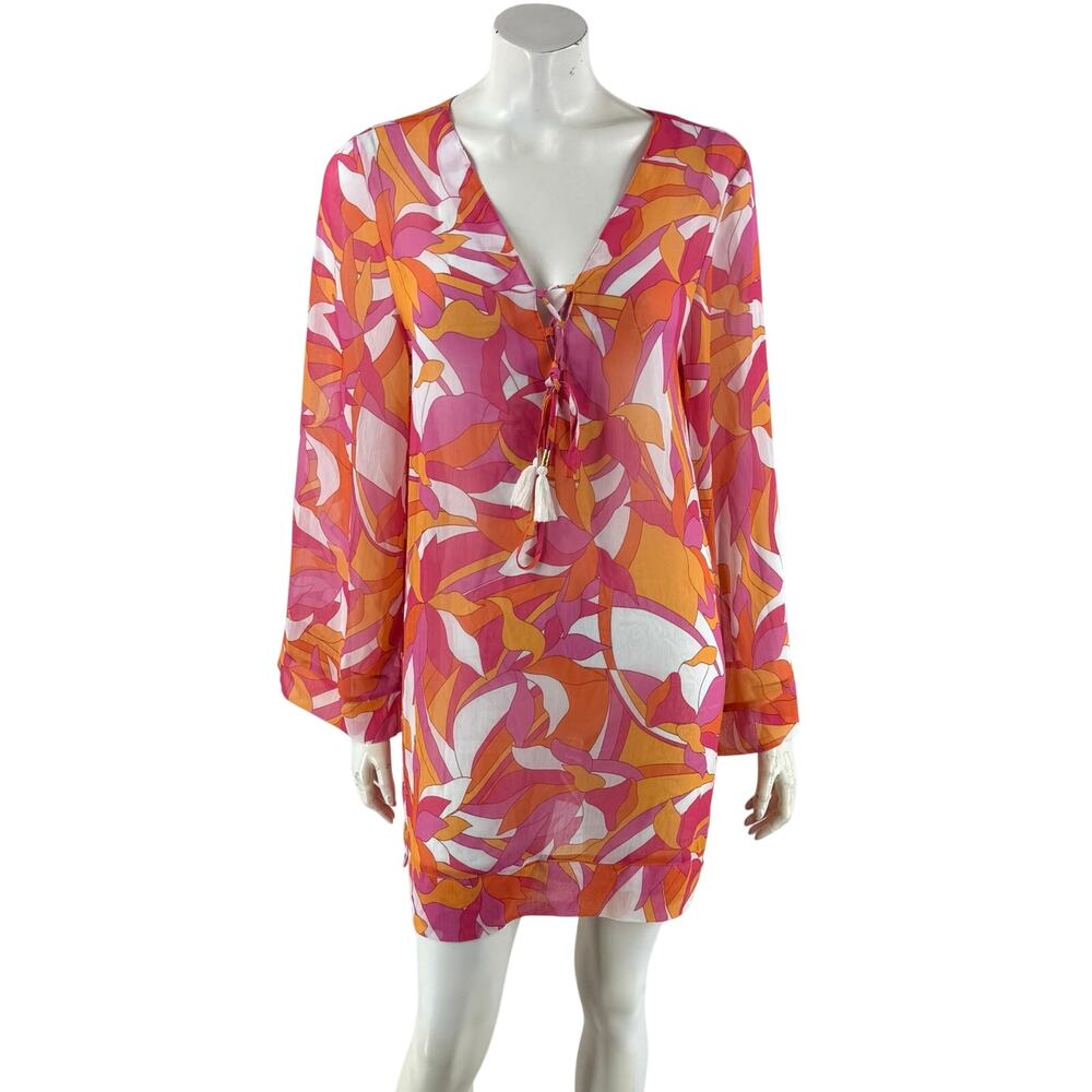 Beyond Control Swim Cover Up Dress Size M Pink Orange Mod Sheer Bell Sleeve NEW